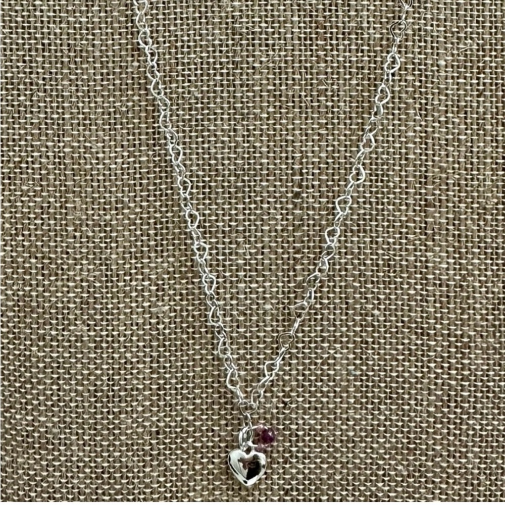 NEW- Hand crafted-SS 20”heart chain
necklace-Ruby, morganite puffed heart charm.